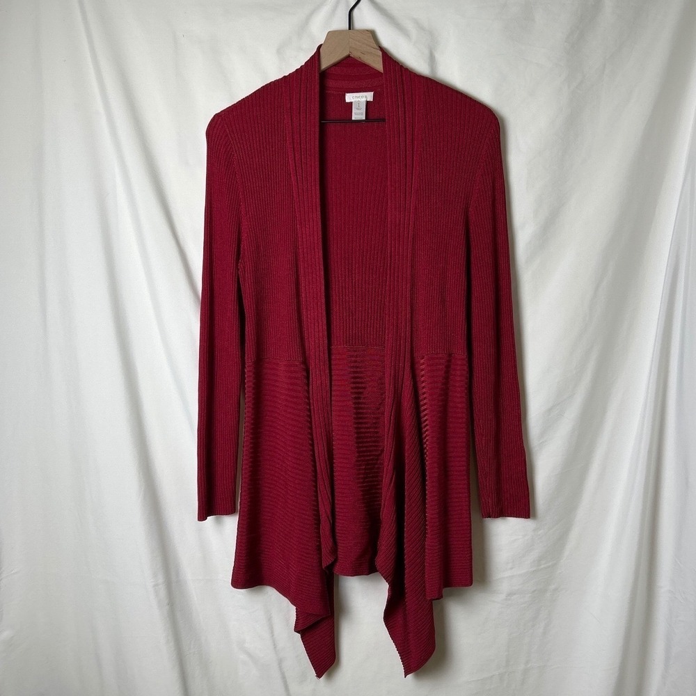 Chicos Women Red Ribbed Waterfall Cardigan Sweater Size 1/M Layering Holiday